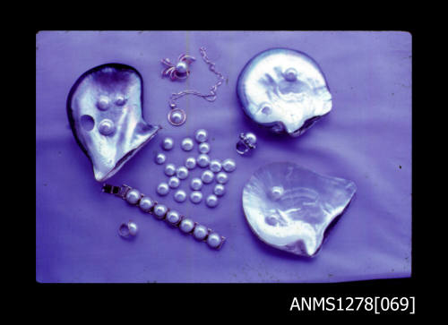 35mm colour transparency of a display of pearl shells, half pearls (or mabe pearls) and pearl jewellery