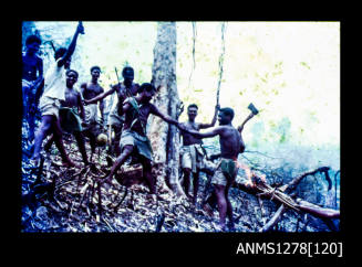 35mm colour transparency of Islander people fighting with weapons