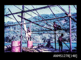 35mm colour transparency of three Papua New Guinean people working on a wooden structure