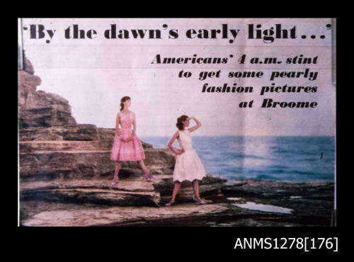 35mm colour transparency of a fashion photograph of two woman standing on rocks at Broome