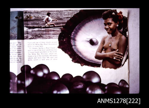 35mm colour transparency of a magazine article, with pictures of a Papua New Guinean girl, and a pearl shell