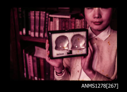 35mm colour transparency of a Japanese woman holding up a display frame containing two pearl shells