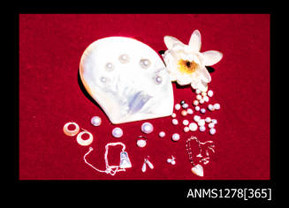 35mm colour transparency of a pearl shell with five blister pearls on a red base, surrounded by pearls, pearl and pearl shell jewellery and a white flower
