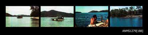 Strip with four negatives; two of a boat in the water, on of people sitting on the edge of a boat, and one of a pearl production raft