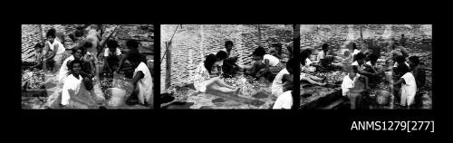 Strip of three black-and-white negatives of groups of people cleaning pearl shells