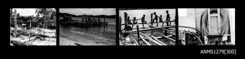 Strip of four black-and-white negatives, the first of a shed, in front of which is lying piles of wood, the second and third of Papua New Guinean people constructing a pearl raft and the fourth is hose hanging on a wall