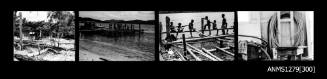 Strip of four black-and-white negatives, the first of a shed, in front of which is lying piles of wood, the second and third of Papua New Guinean people constructing a pearl raft and the fourth is hose hanging on a wall