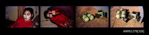 Strip of four colour negatives, the first two of a Papua New Guinean man, sitting, and wearing a green shirt, and the final two of a camera, underwater camera case, underwater camera and two air tanks, sitting on the ground