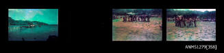 Strip of three colour negatives taken during the Pacific Festival on Pearl Island, the first two of Papua New Guineans performing in traditional dress, and the third possibly of a pearl raft