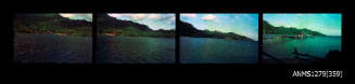 Strip of four colour negatives, the first possibly of a pearl raft, and the following three of water and land on Pearl Island