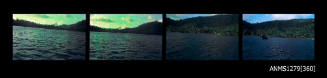 Strip of four colour negatives, each of the water and land on Pearl Island