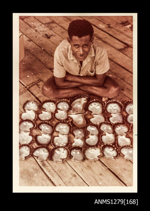 Colour photograph of a Papua New Guinean man sitting cross-legged in front of numerous pearl shells, many of which have blister pearls