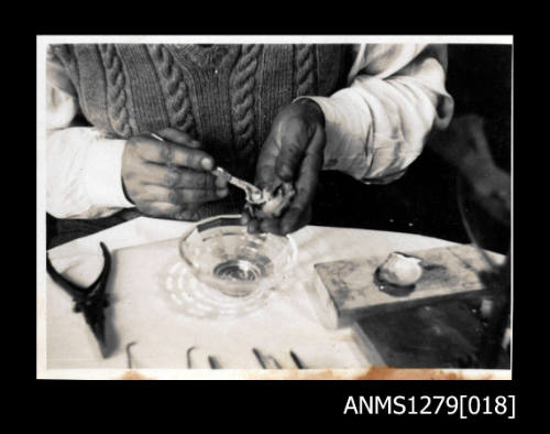 A man removing a pearl from a pearl shell with pearl seeding tools