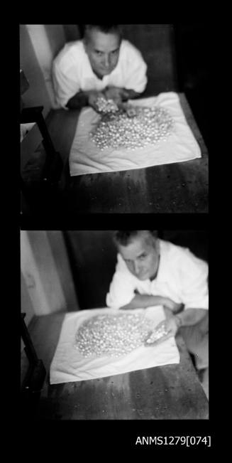 Two black-and-white negatives, joined together, both of a man holding a handful of half pearls (or mabe pearls) from a large pile of half pearls