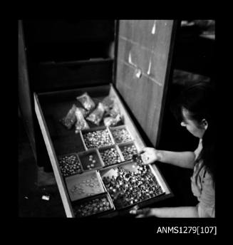 A woman looking into a drawer filled with trays and bags containing half pearls (or mabe pearls)