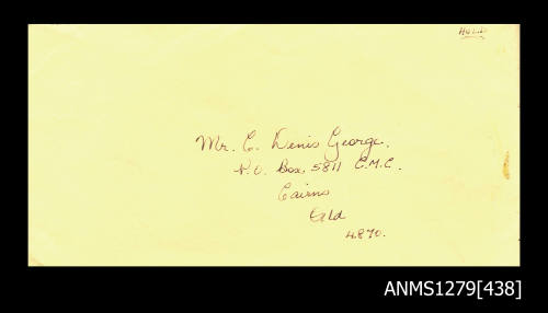 Envelope addressed to Denis George, originally containing letter ANMS1279[437] and objects 00042998, 00042999 and 00043000