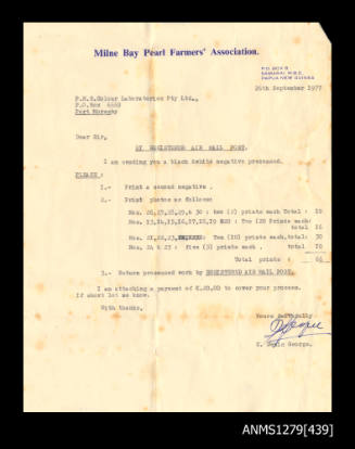 Letter from Denis George to P N G Colour Laboratories Pty Ltd, requesting photographs to be printed