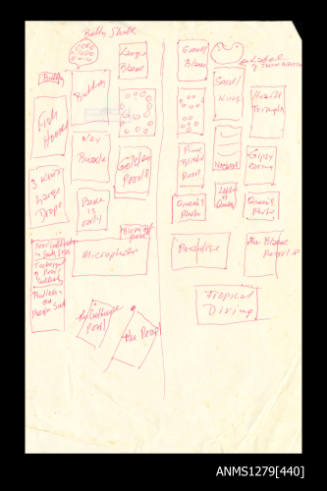 Diagram by Denis George, drawn in red ink, of the layout of a pearl display