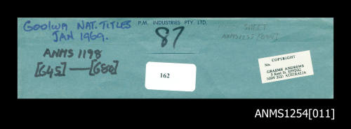 Envelope for negatives, displaying information and cataloguing methods for transparencies and proof sheets for the Graeme Andrews Collection
