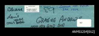 Envelope for negatives, displaying information and cataloguing methods for transparencies and proof sheets for the Graeme Andrews Collection
