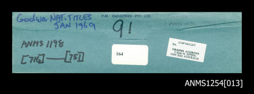 Envelope for negatives, displaying information and cataloguing methods for transparencies and proof sheets for the Graeme Andrews Collection