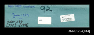 Envelope for negatives, displaying information and cataloguing methods for transparencies and proof sheets for the Graeme Andrews Collection