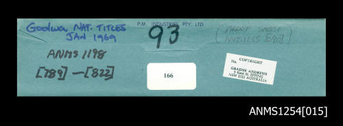 Envelope for negatives, displaying information and cataloguing methods for transparencies and proof sheets for the Graeme Andrews Collection