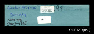 Envelope for negatives, displaying information and cataloguing methods for transparencies and proof sheets for the Graeme Andrews Collection