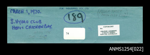 Envelope for negatives, displaying information and cataloguing methods for transparencies and proof sheets for the Graeme Andrews Collection