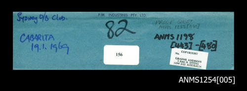 Envelope for negatives, displaying information and cataloguing methods for transparencies and proof sheets for the Graeme Andrews Collection