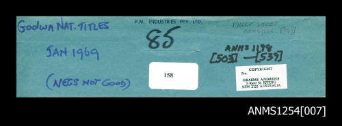 Envelope for negatives, displaying information and cataloguing methods for transparencies and proof sheets for the Graeme Andrews Collection
