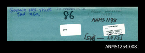 Envelope for negatives, displaying information and cataloguing methods for transparencies and proof sheets for the Graeme Andrews Collection