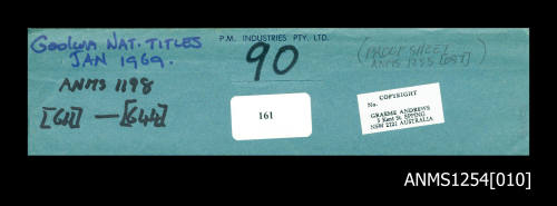 Envelope for negatives, displaying information and cataloguing methods for transparencies and proof sheets for the Graeme Andrews Collection