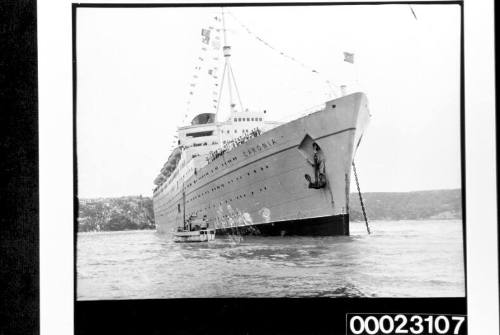 RMS CARONIA anchored in Sydney Harbour