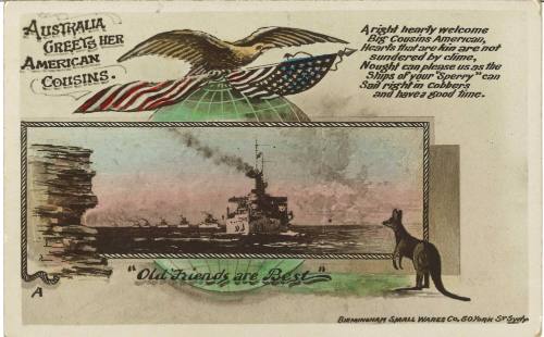 Postcard titled: Australia Greets her American Cousins