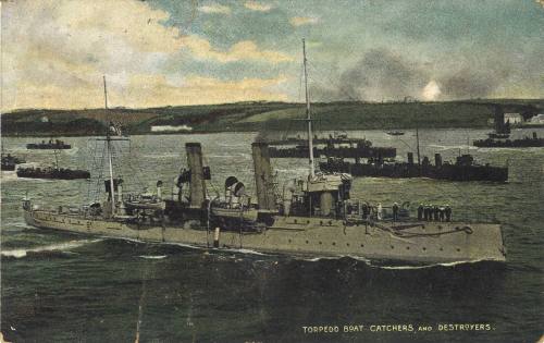 Postcard titled: Torpedo Boat Catchers and Destroyers