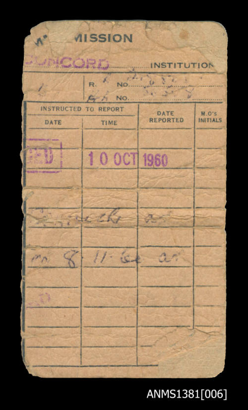 A section of a mission card, from the Concord Institution, showing dates, and notes on the reverse