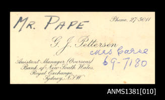 Business card belonging to G J Pettersen, with handwritten notes and names