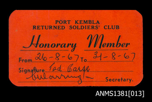 Port Kembla Returned Soldiers' Club Honorary Member card for Ted Carse