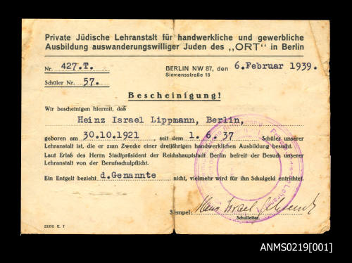 Certificate of apprenticeship for Heinz Lippmann