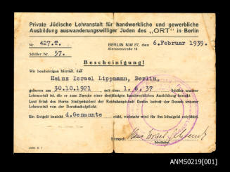 Certificate of apprenticeship for Heinz Lippmann