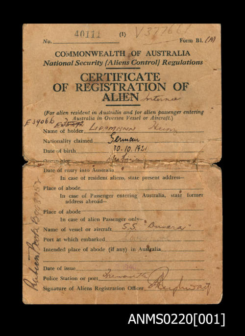 Certificate of Registration of Alien issued to Heinz Lippmann