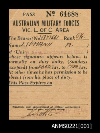 Leave pass from the Australian Military Forces for Heinz Lippmann