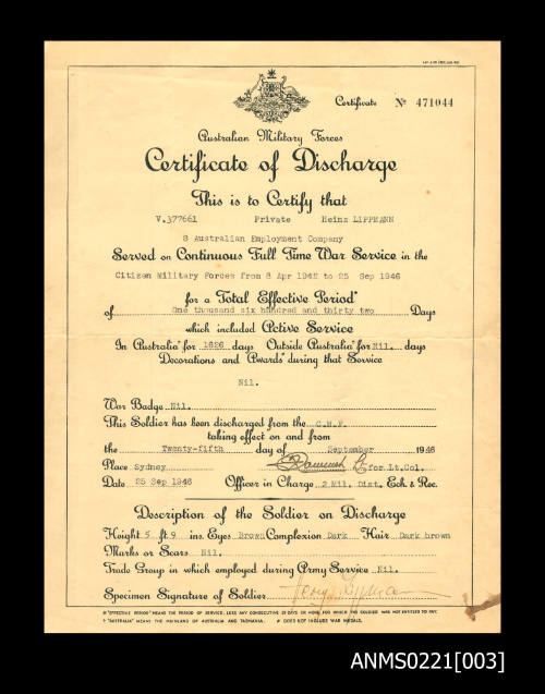 Certificate of Discharge for Heinz Lippmann
