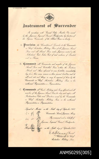 Instrument of Surrender of the Second Japanese Imperial Army to the Australian Military Forces on 9 September 1945 signed at Morotai: lithographic copy