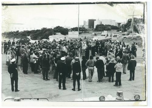 Pat Farrington speaking to the protest crowd at Cheynes Beach Whaling Station