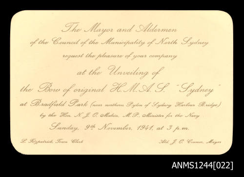 North Sydney Council's invitation to 'the unveiling of the Bow of the original HMAS SYDNEY 1941' [1]