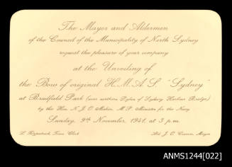 North Sydney Council's invitation to 'the unveiling of the Bow of the original HMAS SYDNEY 1941' [1]