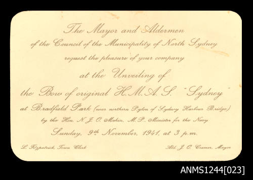 North Sydney Council's invitation to 'the unveiling of the Bow of the original HMAS SYDNEY 1941' [2]