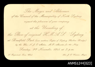 North Sydney Council's invitation to 'the unveiling of the Bow of the original HMAS SYDNEY 1941' [2]